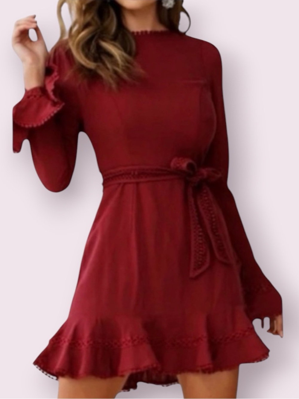 Saints + Secrets Aspley Flare Cuff Waist Tie Dress Burgundy Linen Size Large